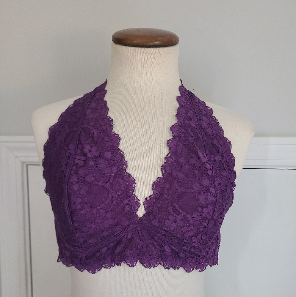 Free People Lace Bralette Halter Bra Women's Size L Large Boho Festival Purple💜